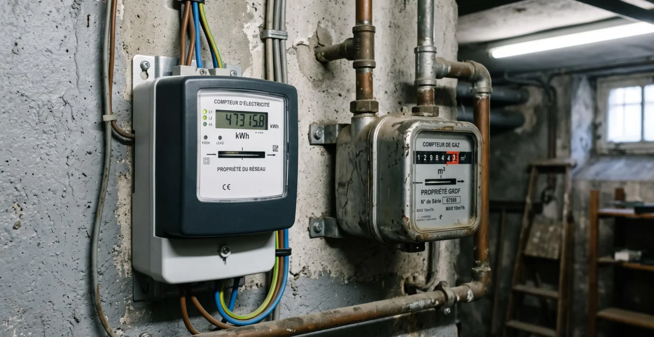 Un compteur électrique et un compteur de gaz montés sur un mur technique.