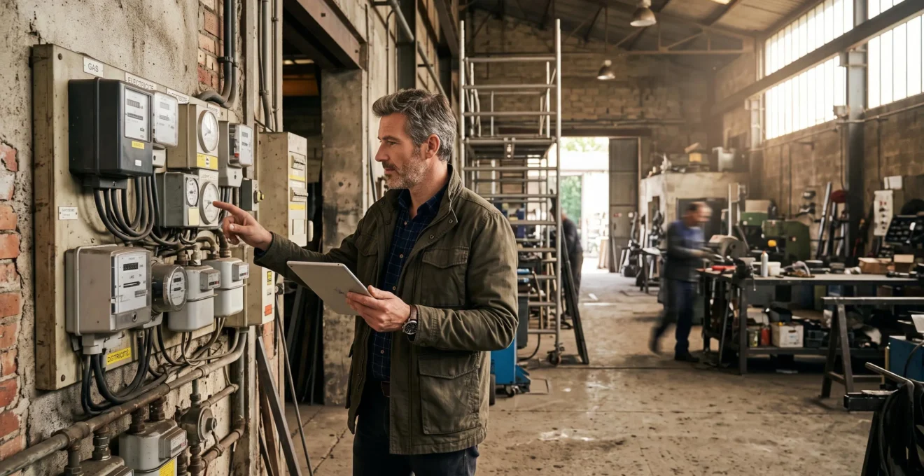 Un courtier en énergie relève des compteurs de gaz et d'électricité dans un atelier.